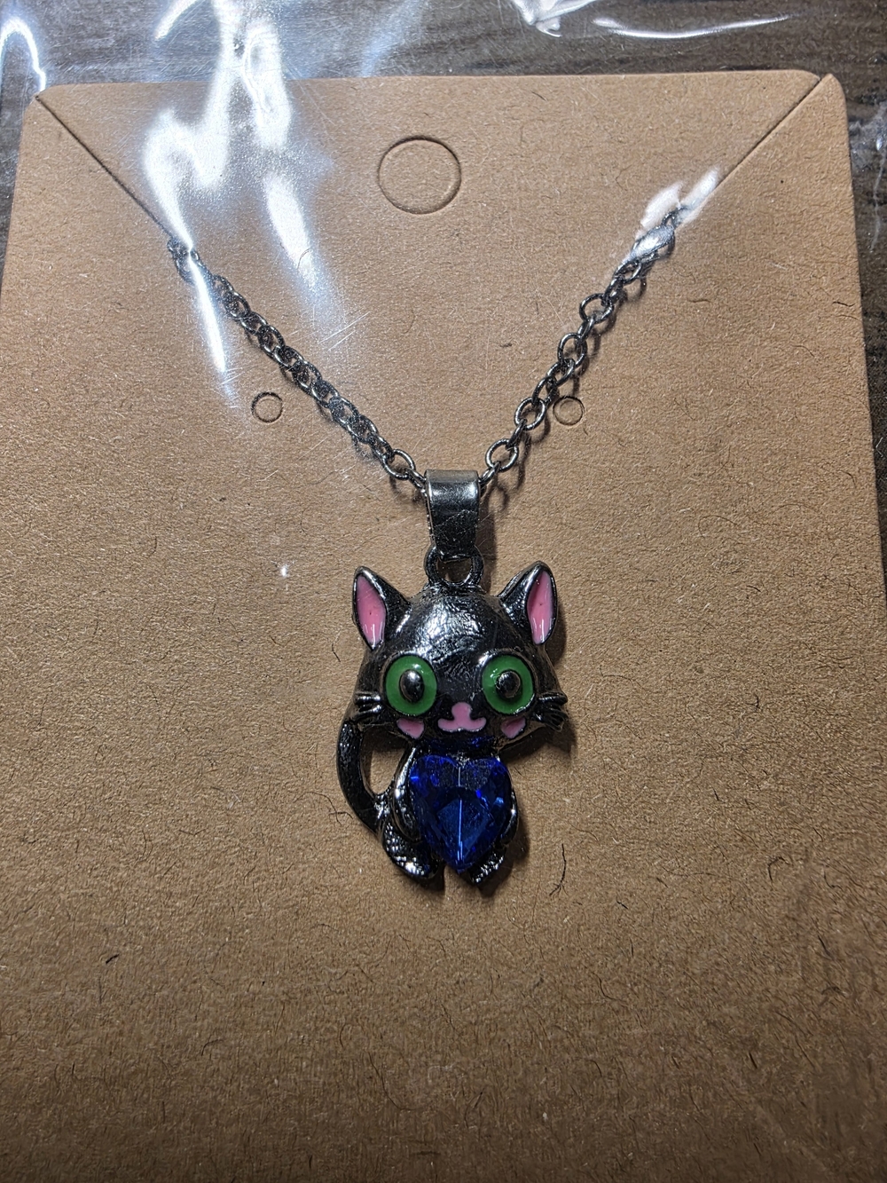 Cat Pendant Necklace with Blue Heart Gem - Pink & Green Accents